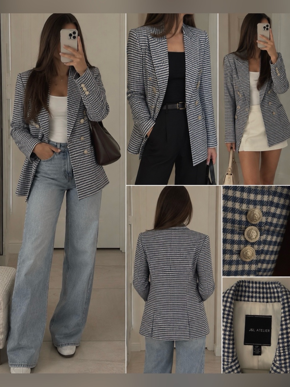 Women's Navy & White J&L ATELIER Houndstooth Blazer